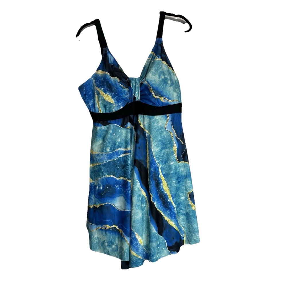 Hanna Nikole Blue Agate Print Swim Dress Tummy Control 18W